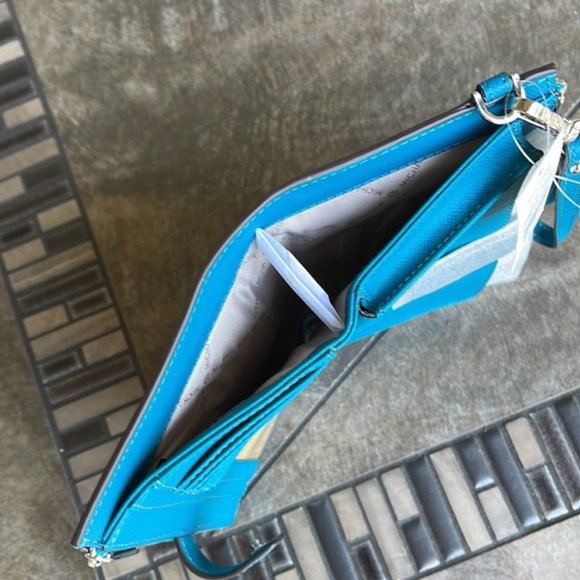 Michael Kors Large Double Zip Leather Wallet Wristlet Phone Case Lagoon - Picture 8 of 16